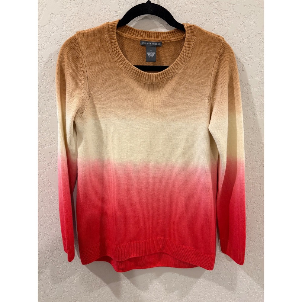 Chelsea & Theodore Ombre Gradient Crew Neck Sweater Brown Pink Cream Small